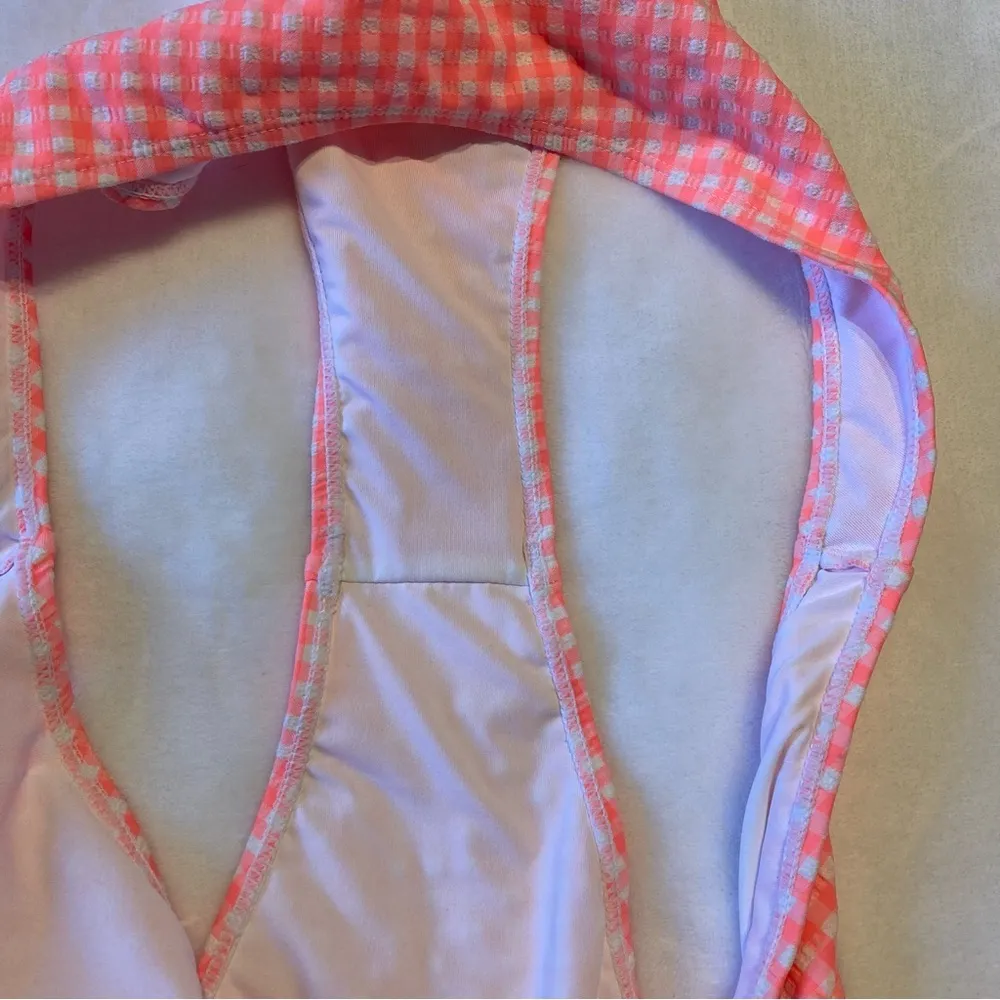 New Gabrielle Union Swimwear Bikini Bottoms XL Neon Coral White Gingham Hi Cut - Image 6