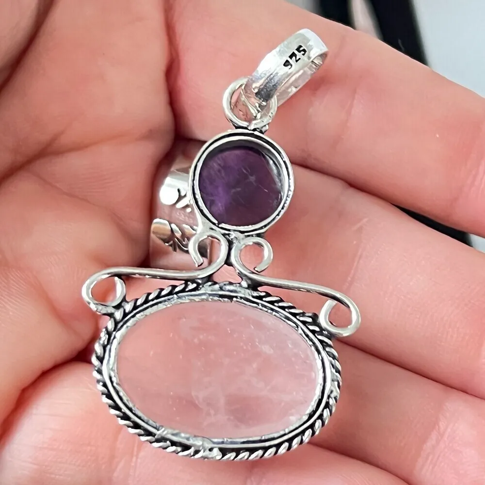 925 Sterling Silver Amethyst Rose Quartz Necklace Angel gemstone womens jewelry Pink - Image 7