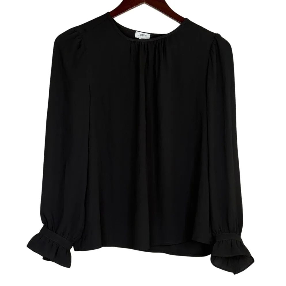 J. Crew Puff Sleeve Gathered Scoop Neck Bell Button Wrist Top Blouse XS Black - Image 12