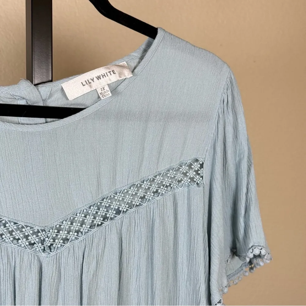 Boho Cottagecore Pullover Blouse 2X Soft Rayon Blue Lace Feminine Nautical Beach - Image 2