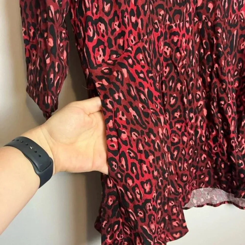 Zara TRF Collection Red Leopard Print Button Front Long Sleeve Dress - Image 4