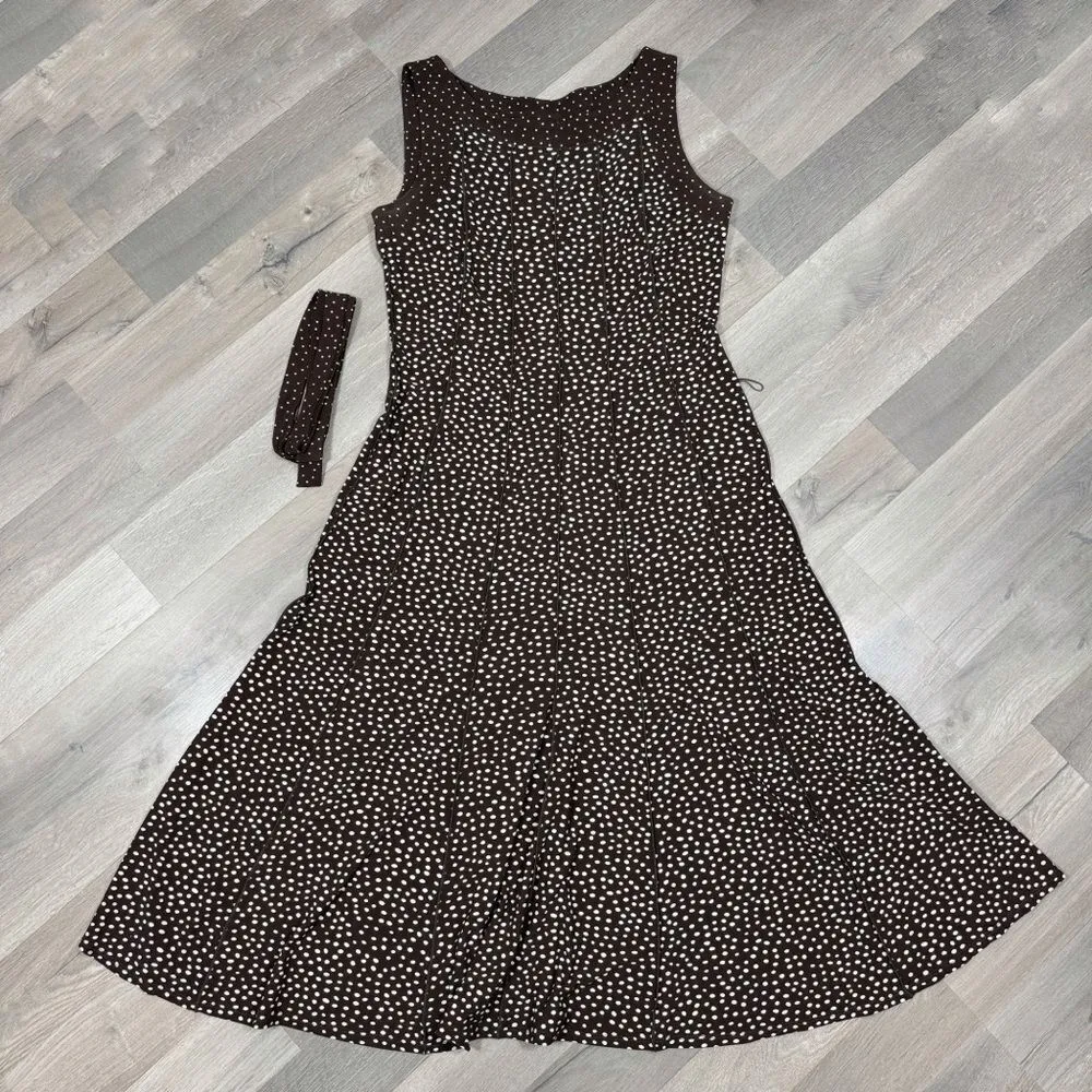 Perceptions Polka Dot‎ Panel A Line Midi Dress Sleeveless Brown White 12 - Image 14