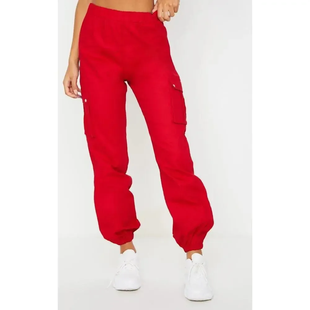 PrettyLittleThing Women's Red‎ Cargo Jogger Pants Size 6 Casual Elastic Waist - Image 2