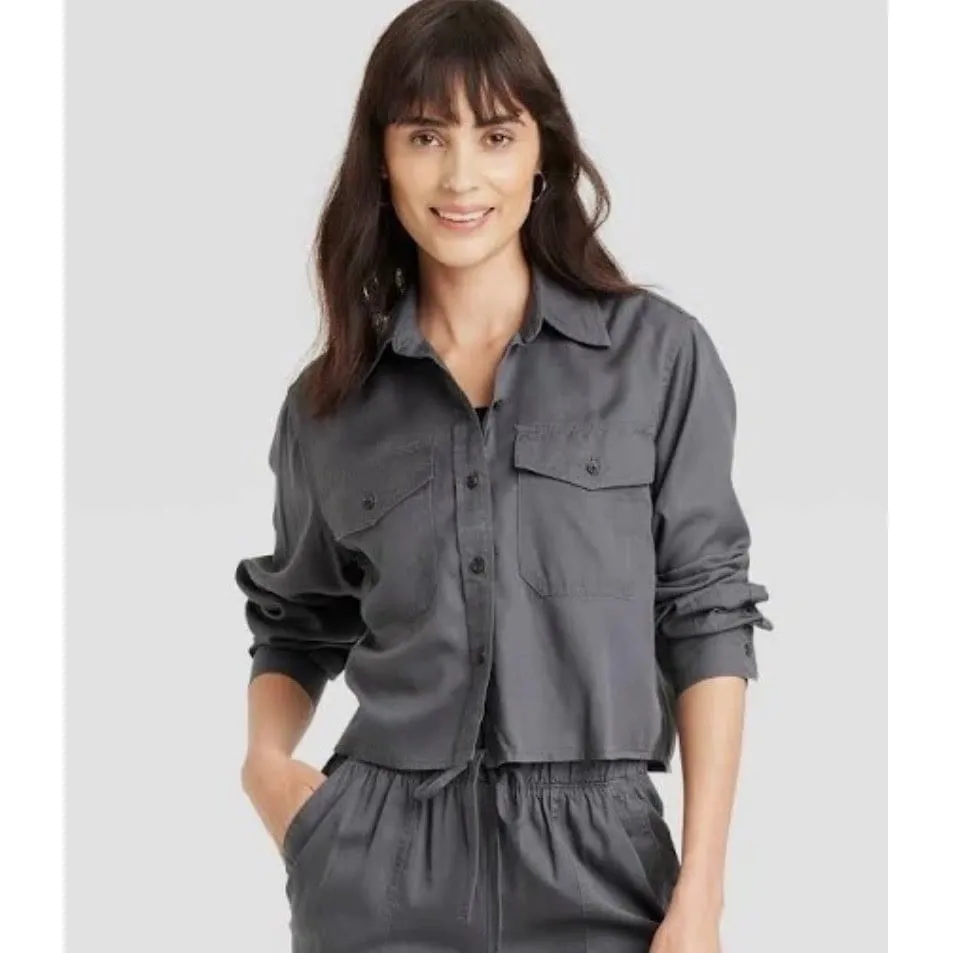 Universal Thread‎ 100% Lyocell Utility Button Down Shirt Gray Women's L - Image 2