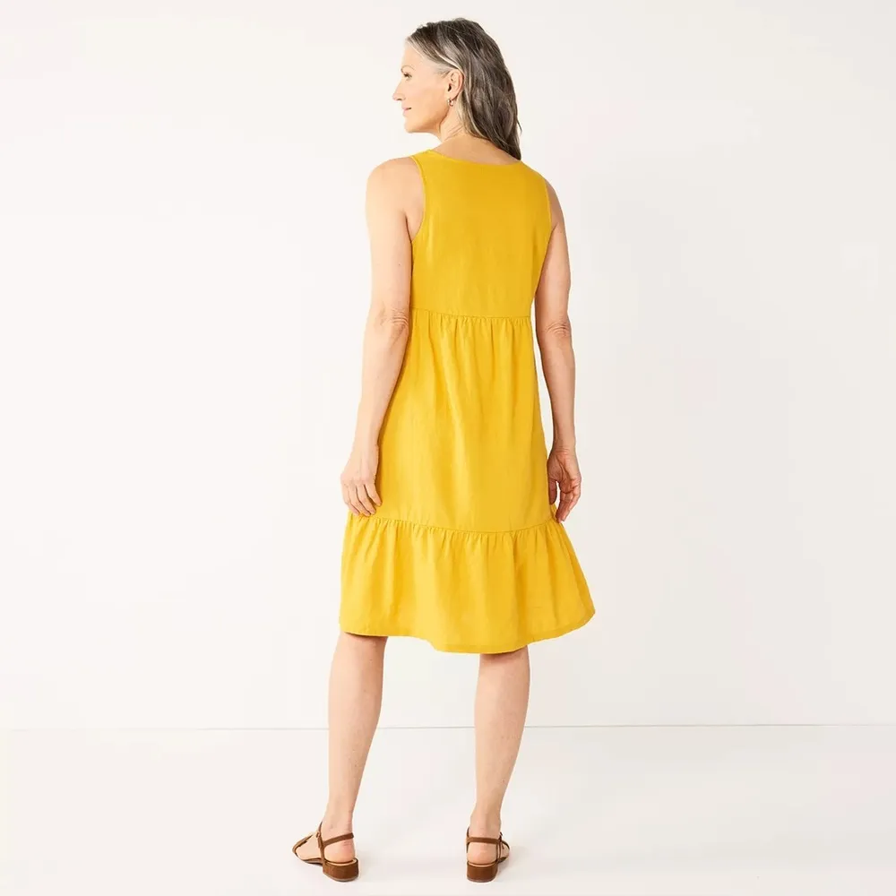 CROFT & BARROW Linen Tiered Sleeveless Swing Sundress Boho Dress Yellow Size M - Image 3