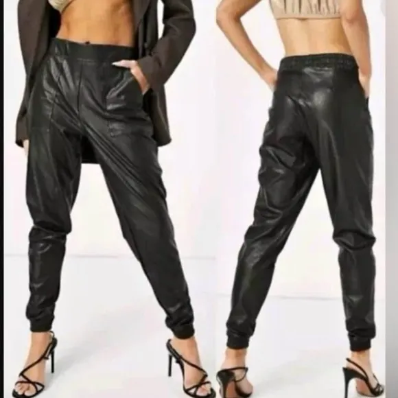 Spanx Faux Leather Black Joggers Pants High Rise Elastic Waist Pockets Edgy M - Image 2