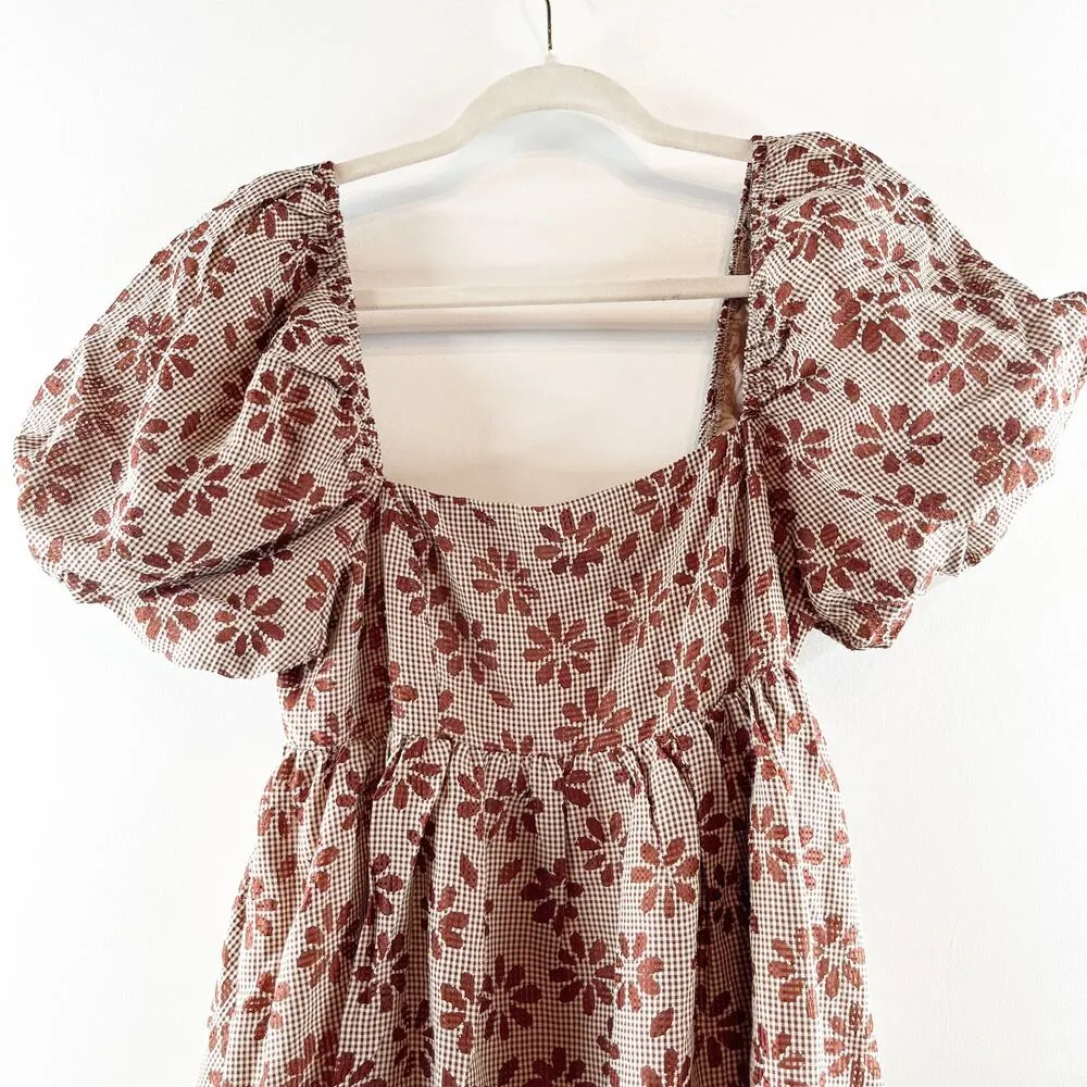 Storia Short Puff Sleeve Square Neck Floral Daisy Bubble Hem Mini Dress Brown M - Image 5