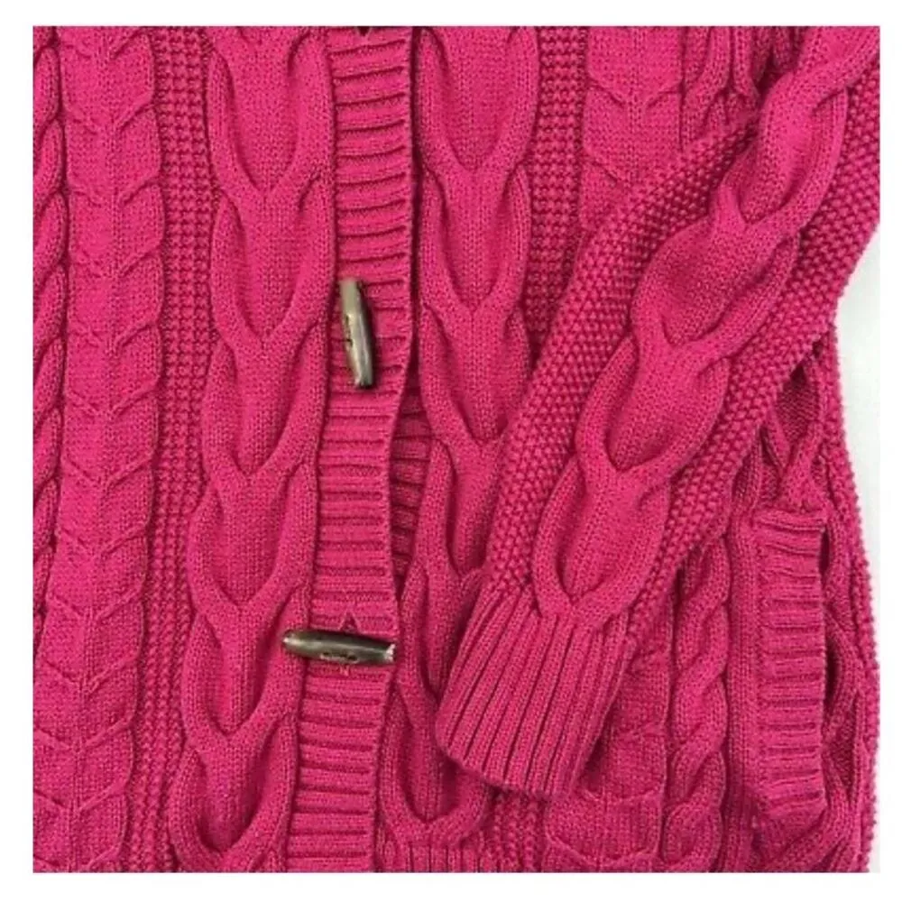 L.L. Bean high neck Cardigan Cable Knit Toggle Buttons Fucshia size small - Image 6