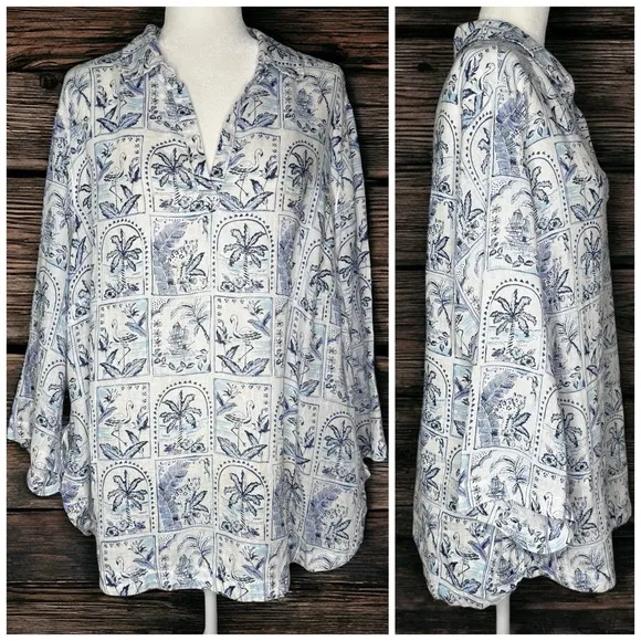 C&C California 100% Linen Blouse 2X Blue White Tile Beach Coastal Key West Tunic - Image 2
