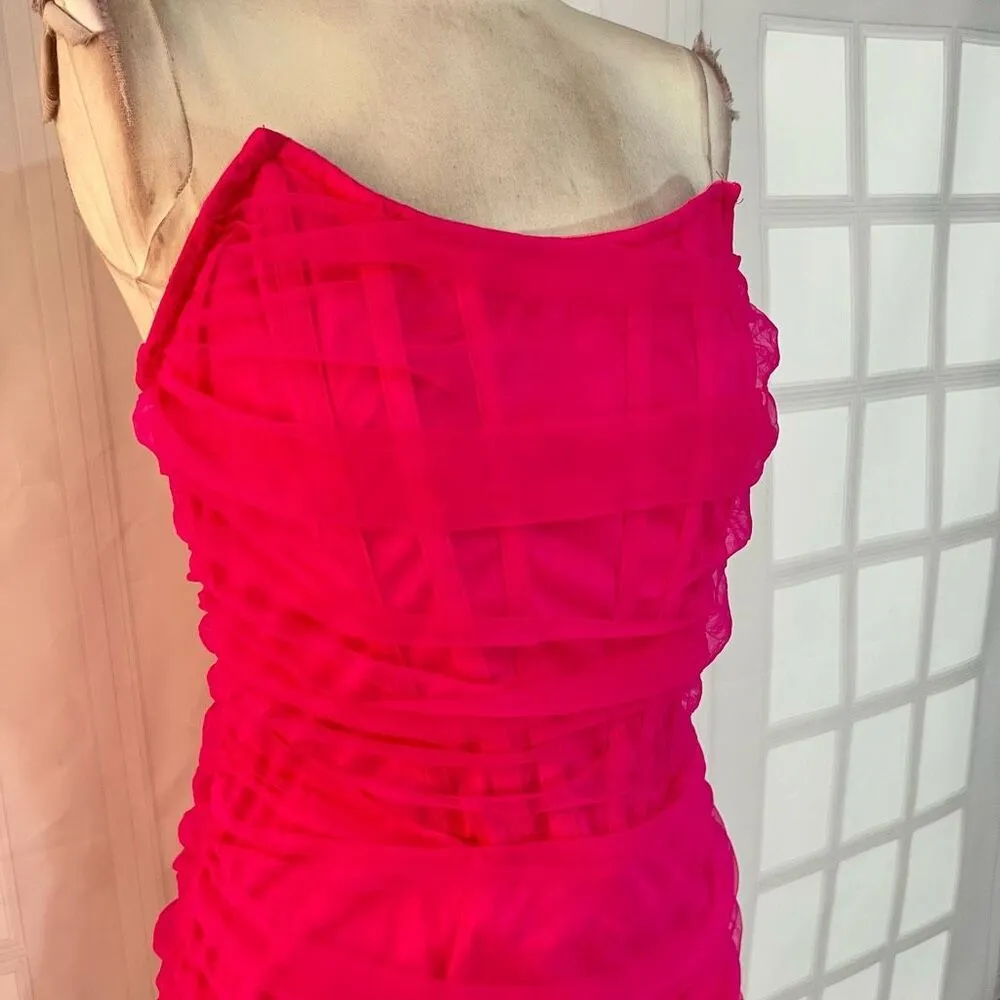 Prettylittlething Hot Pink Mesh Corset Detail Ruched Bodycon Dress Size 12 - Image 4