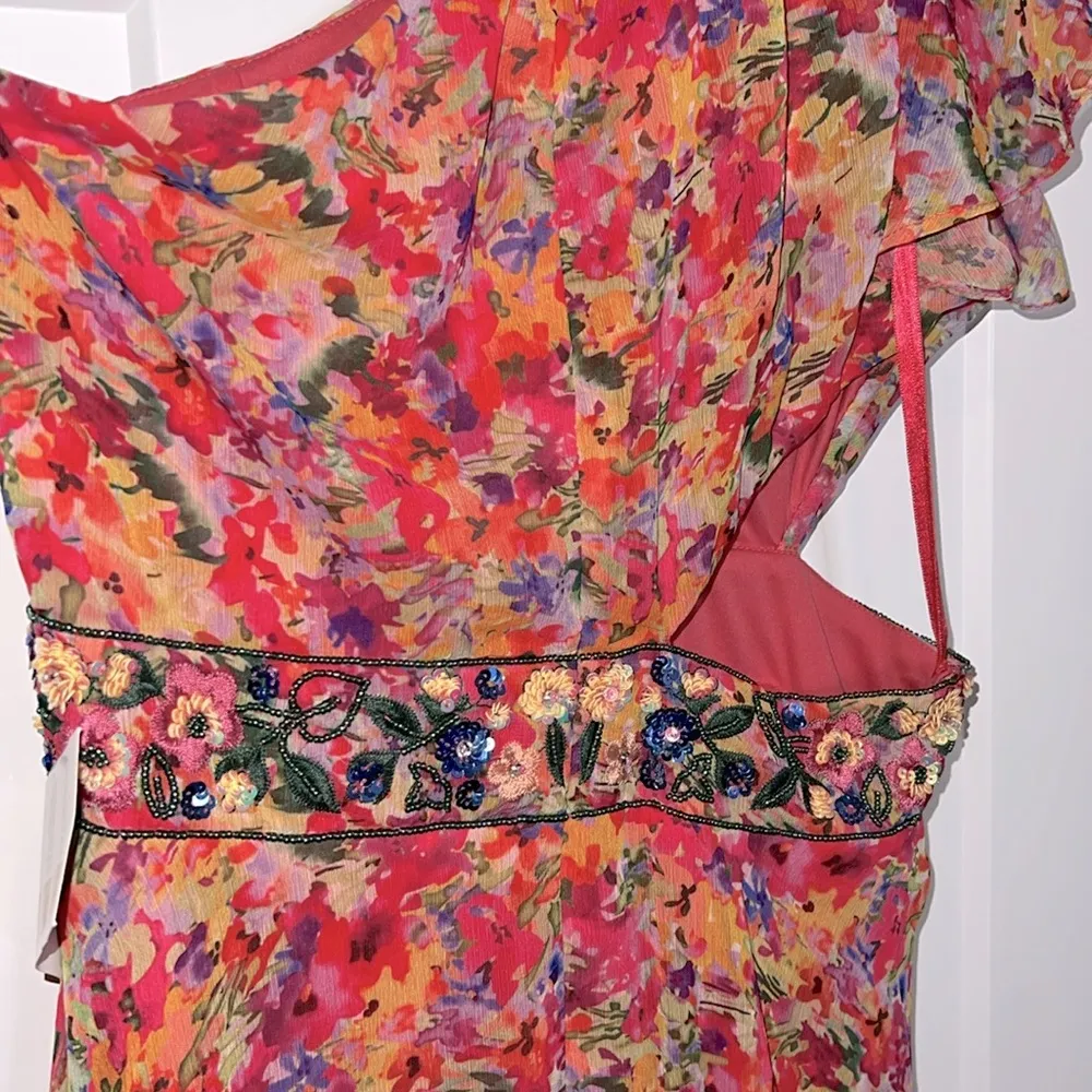 NWOT  9157 - Floral Print One Shoulder Butterfly Sleeve A Line Gown - Image 7