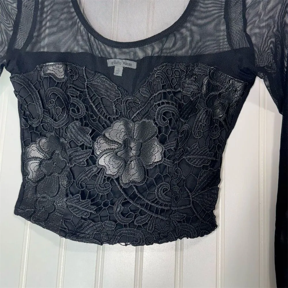 VTG Charlotte Russe Sheer Mesh Floral Lace Top Black LongSleeve Cropped Top Rave - Image 3
