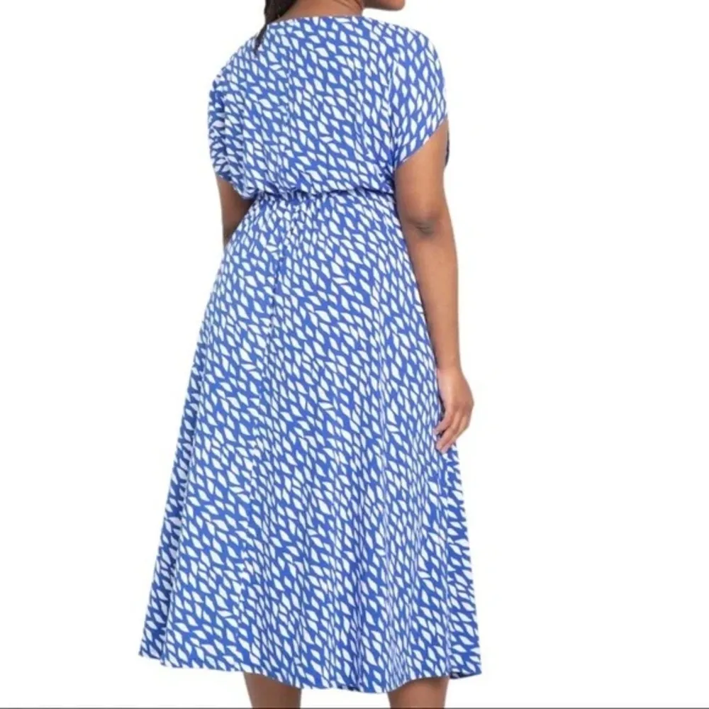 NEW Eloquii Blue White Print Drop Shoulder Blouson Midi Dress Plus Size 18/20 - Image 2