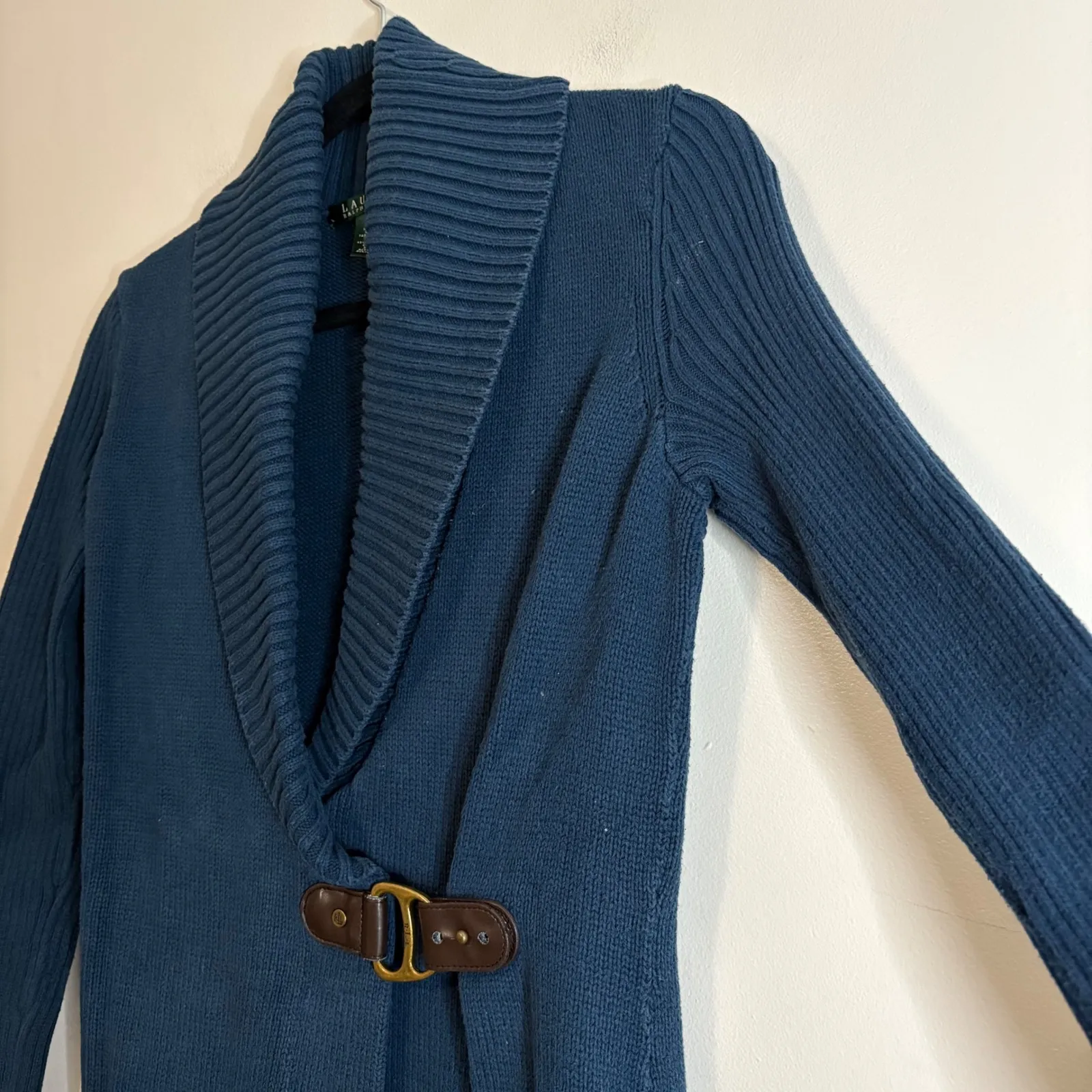 Lauren Ralph Lauren Blue Knit Shawl Collar Cardigan Sweater Buckle Closure Small - Image 5