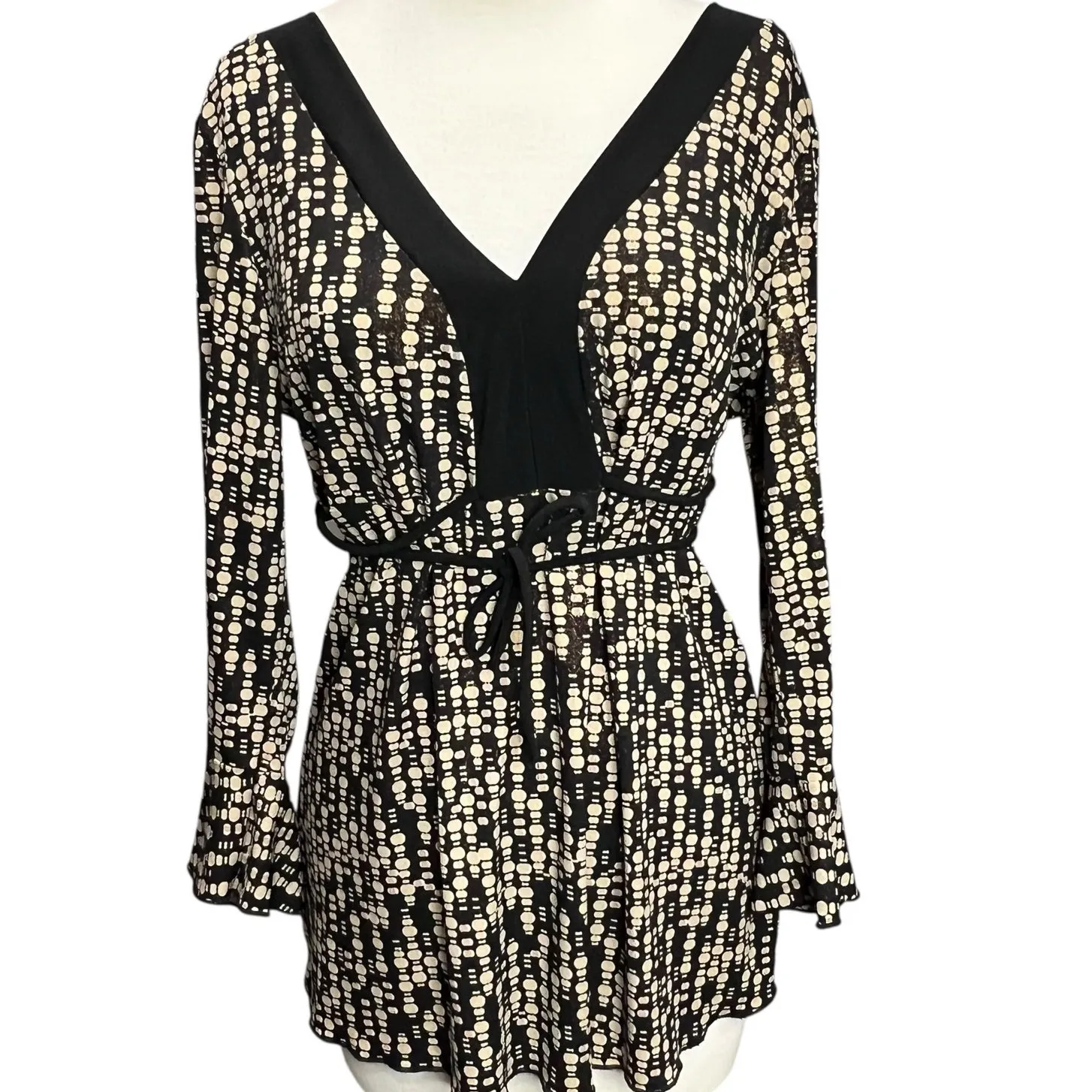 JTB Y2K Top Womens L Black Tan Geometric Shimmer Stretch Blouse Boho Chic Retro Size L - Image 2