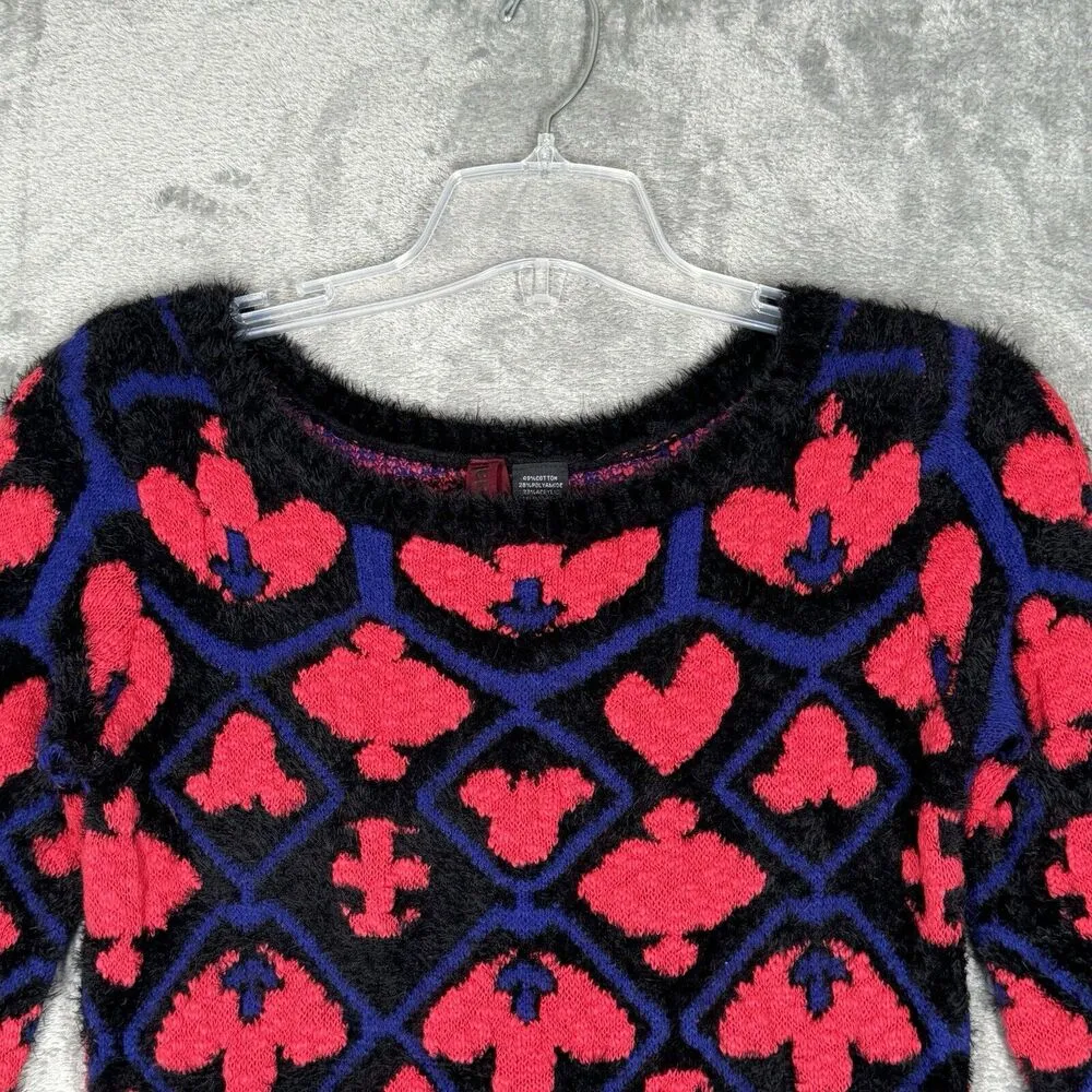 Desigual Sweater Women Small Pink Black Fuzzy Fleur de Lis Casual Colorful Artsy - Image 4