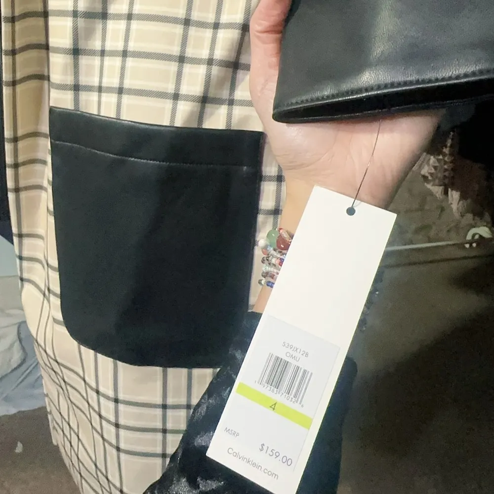 $159 Calvin Klein checkered long Cardigan jacket leather pockets padded Sz 4 NWT - Image 5