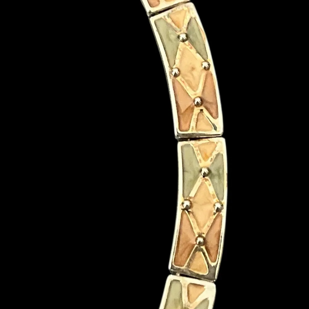Vintage Art Deco Harlequin Green Beige Enamel Choker Earrings Jewelry Set - Image 6