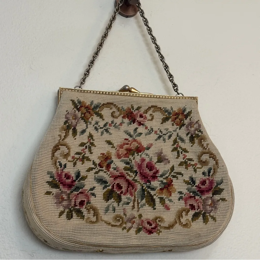 Floral Embroidered Wool Needlepoint Kisslock Vintage Women Bag Purse - Image 2