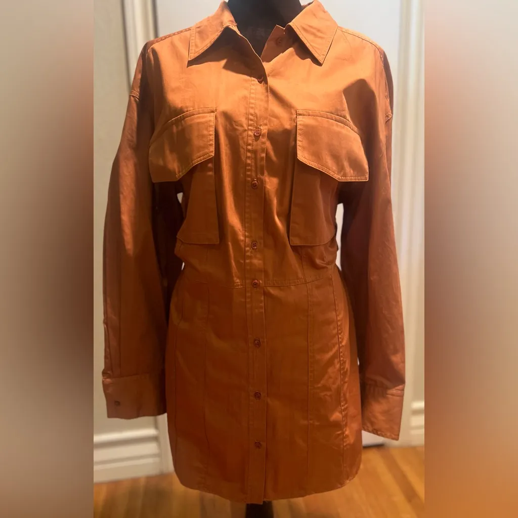 ZARA Poplin Shirt Open Back Utility‎ Mini Dress w/ Pockets in Tobacco Size Large - Image 14