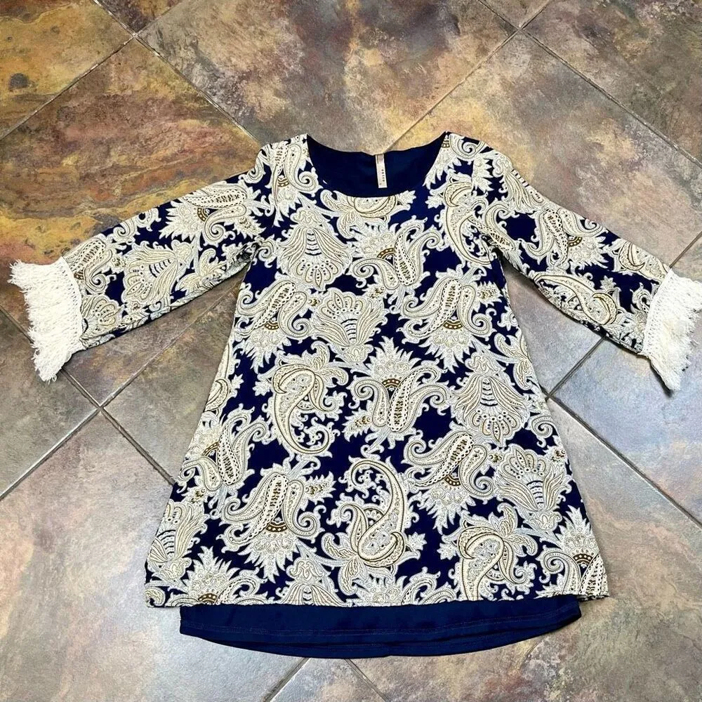 Entro Women’s Paisley Crewneck Long Sleeve Fringe Dress Small - Image 5