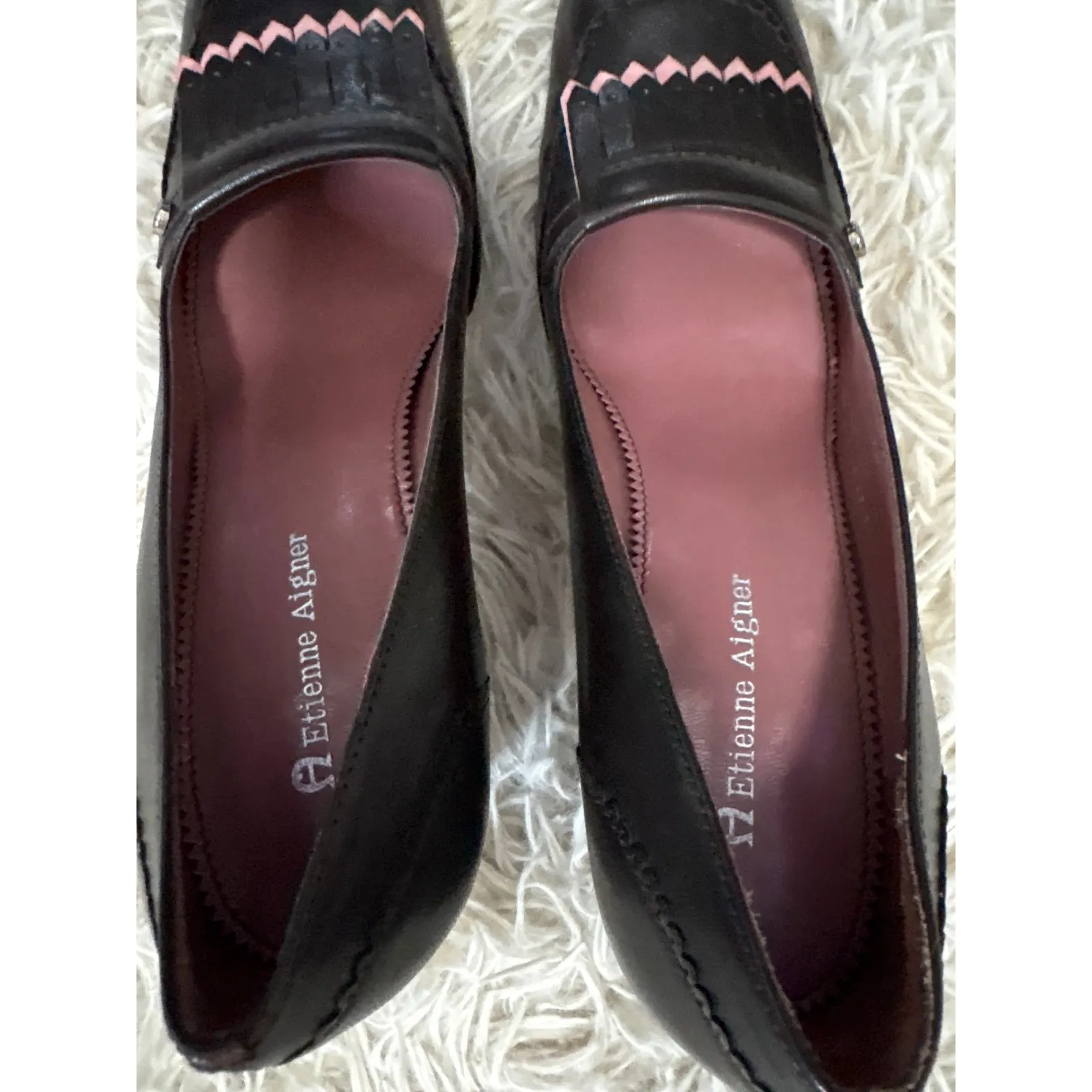 Etienne Aigner Women Dark Brown Leather Square Toe Fringe Block Heel Pumps Sz6 - Image 7