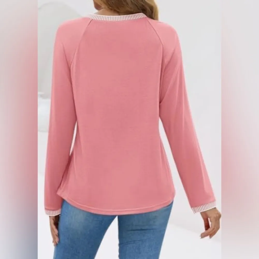 NWT Women MEROKEETY Pink Long Sleeve Pleated Round Neck Top - Image 2