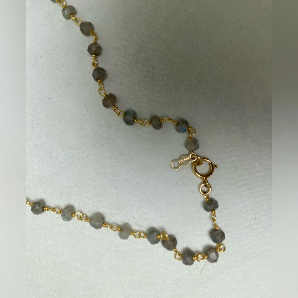 Labradorite‎ Stone Beaded Necklace with Vermeil Circle Pendant 18.5” long Gold - Image 3