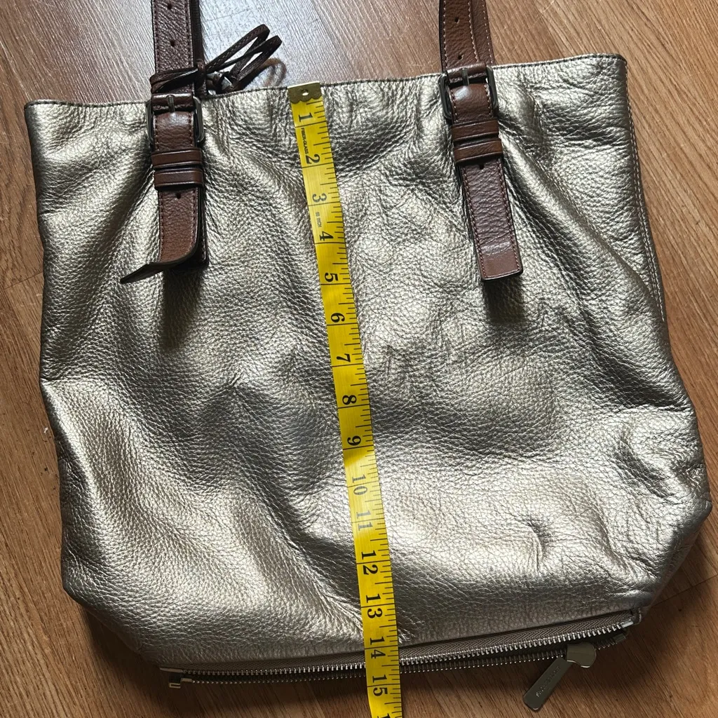 Michael Kors Metallic Silver Tote with Brown Straps - Image 10