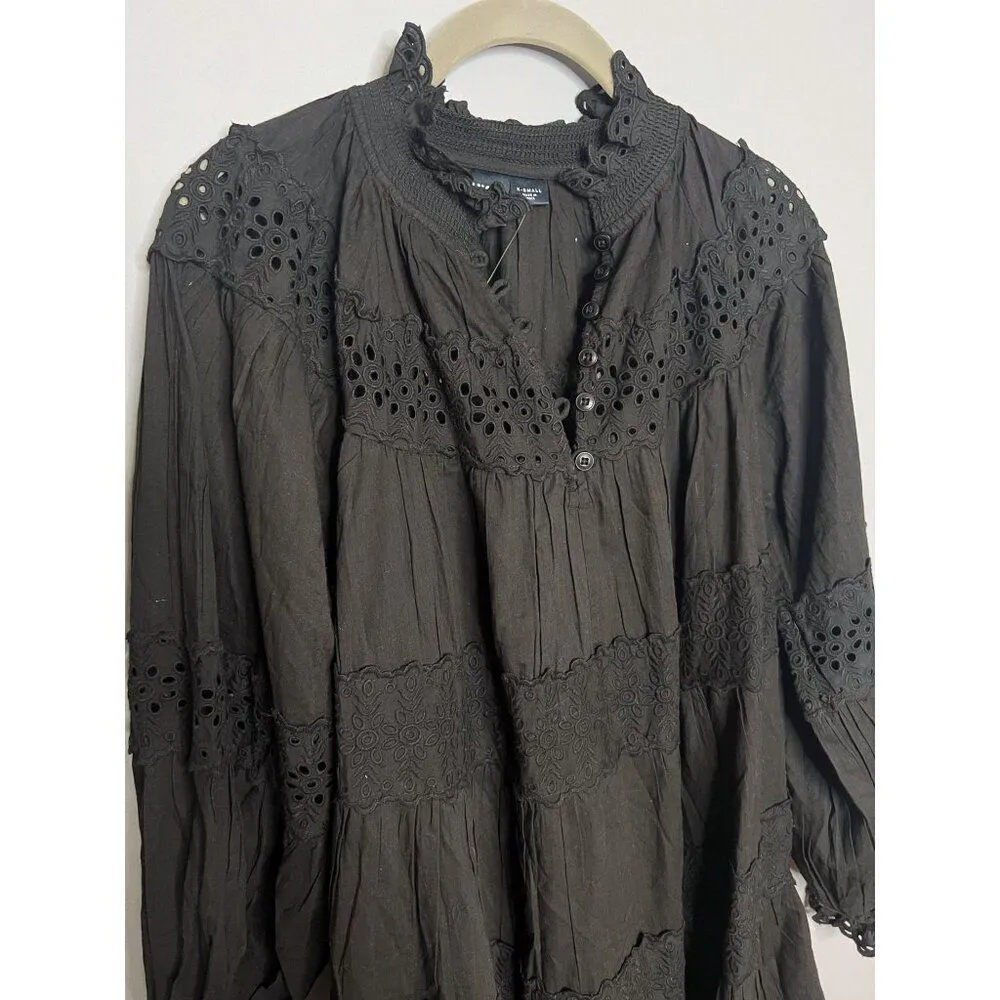 NEW Anthropologie Maeve Long-Sleeve Lace Mini‎ Dress Black Eyelet Babydoll XS - Image 7