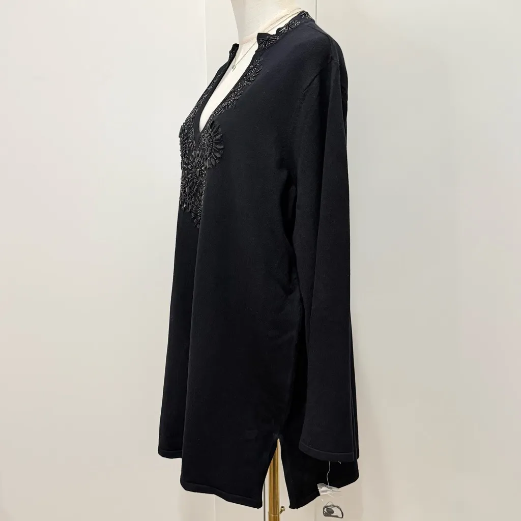 INC Tunic Sweater 1X Black Beaded V Neck Embellished Chic Classic Holiday Party - Image 5