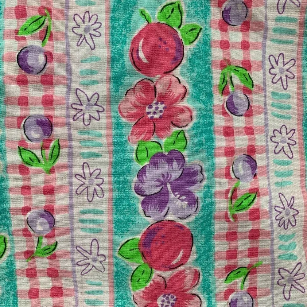 Vintage 80s Dress Colorful Fruit Floral Red Gingham Checkered Tropical Print Blue Size M - Image 8