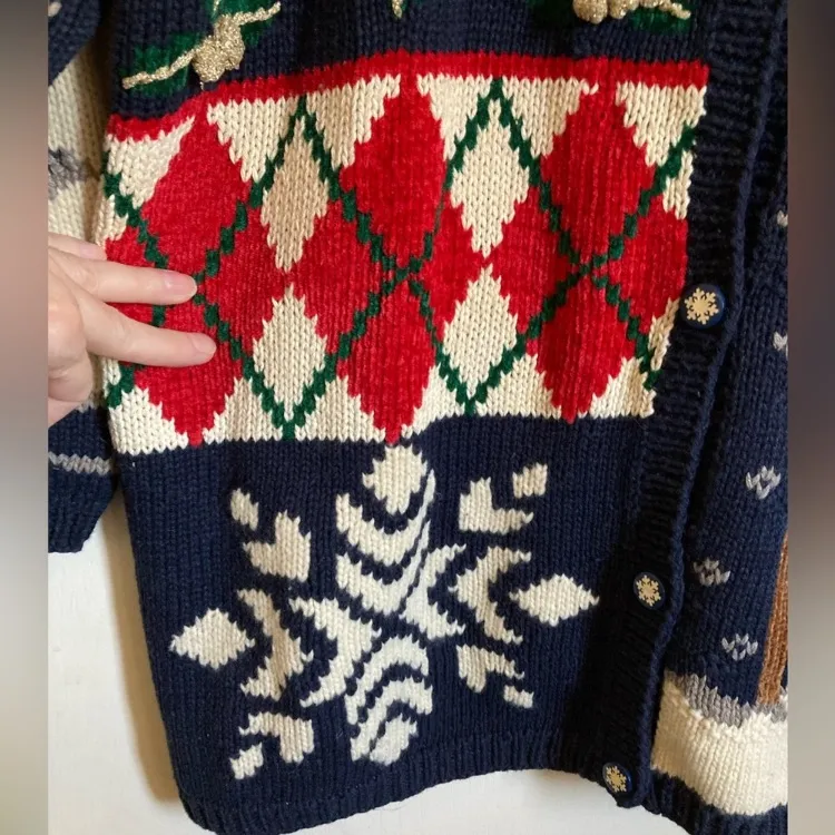 PBJ Sport Vintage Navy Ugly Christmas Ramie Blend Button Up Cardigan Sweater Blue Size L - Image 11
