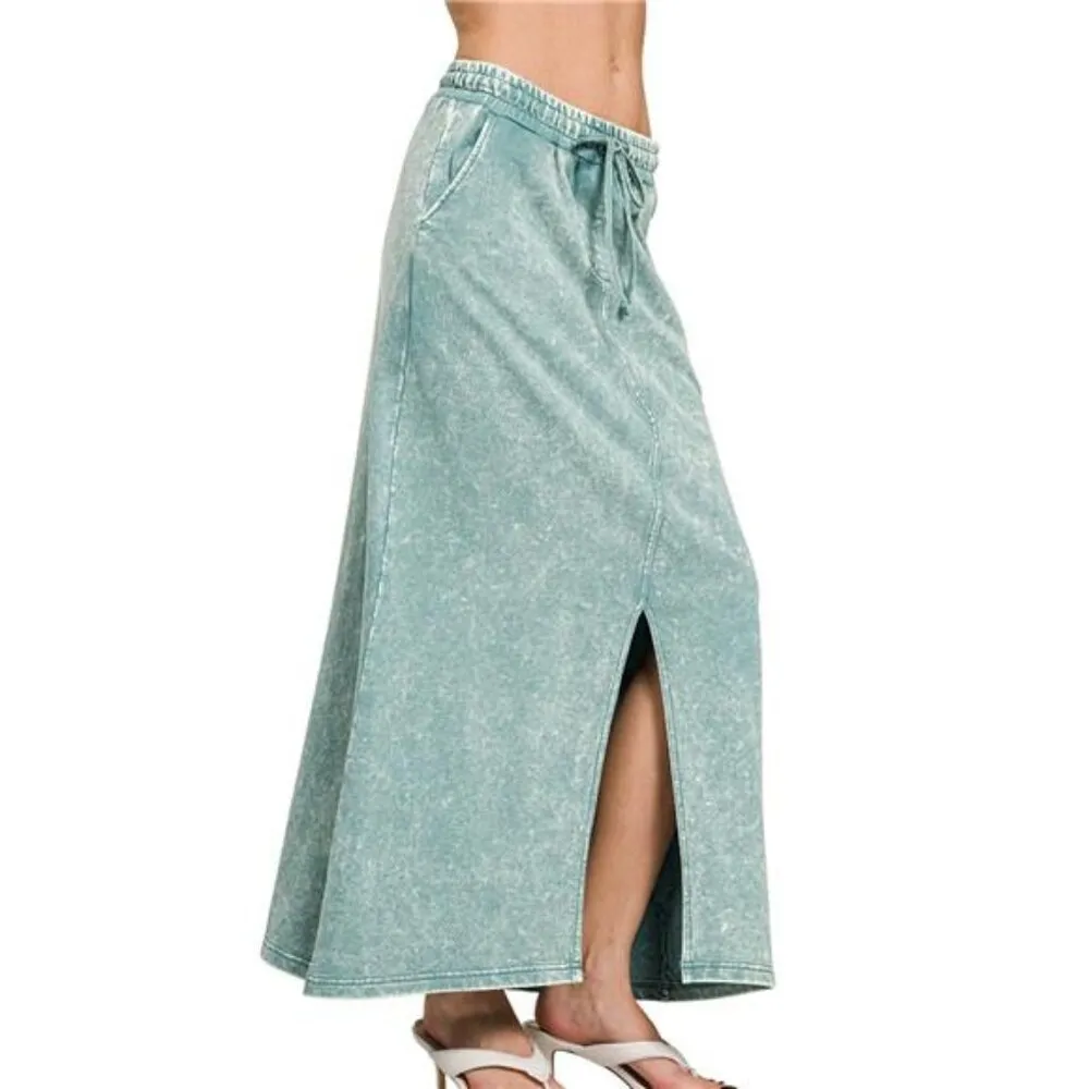 Zenana French Terry Acid Washed Front‎ Slit Long Skirts - Image 2