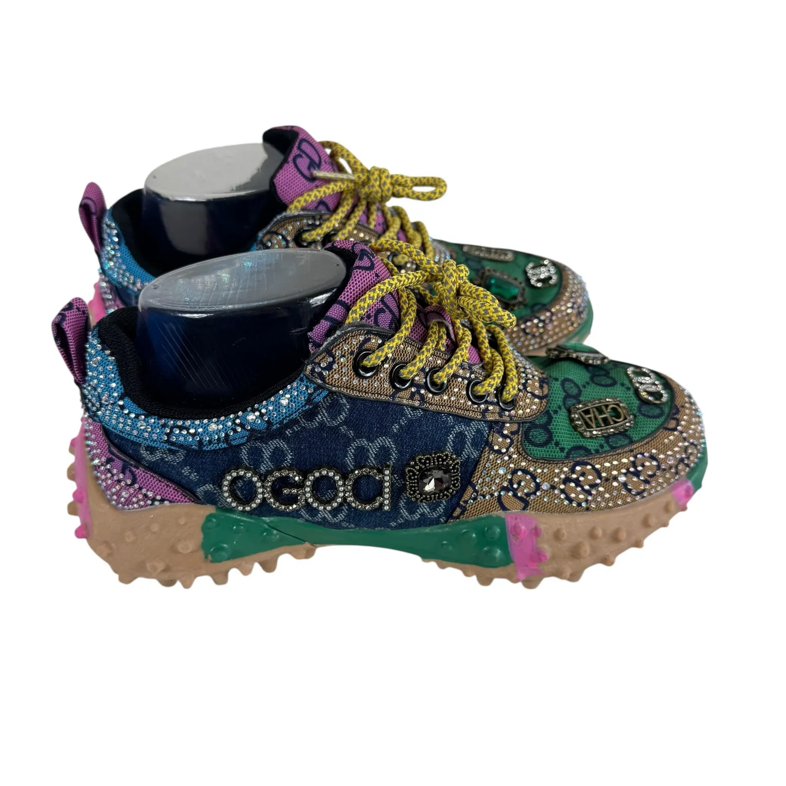 Taxi Colorful Mesh Rhinestone Bling Glitzy Streetwear Lace Up Sneakers Size 7 Green - Image 3