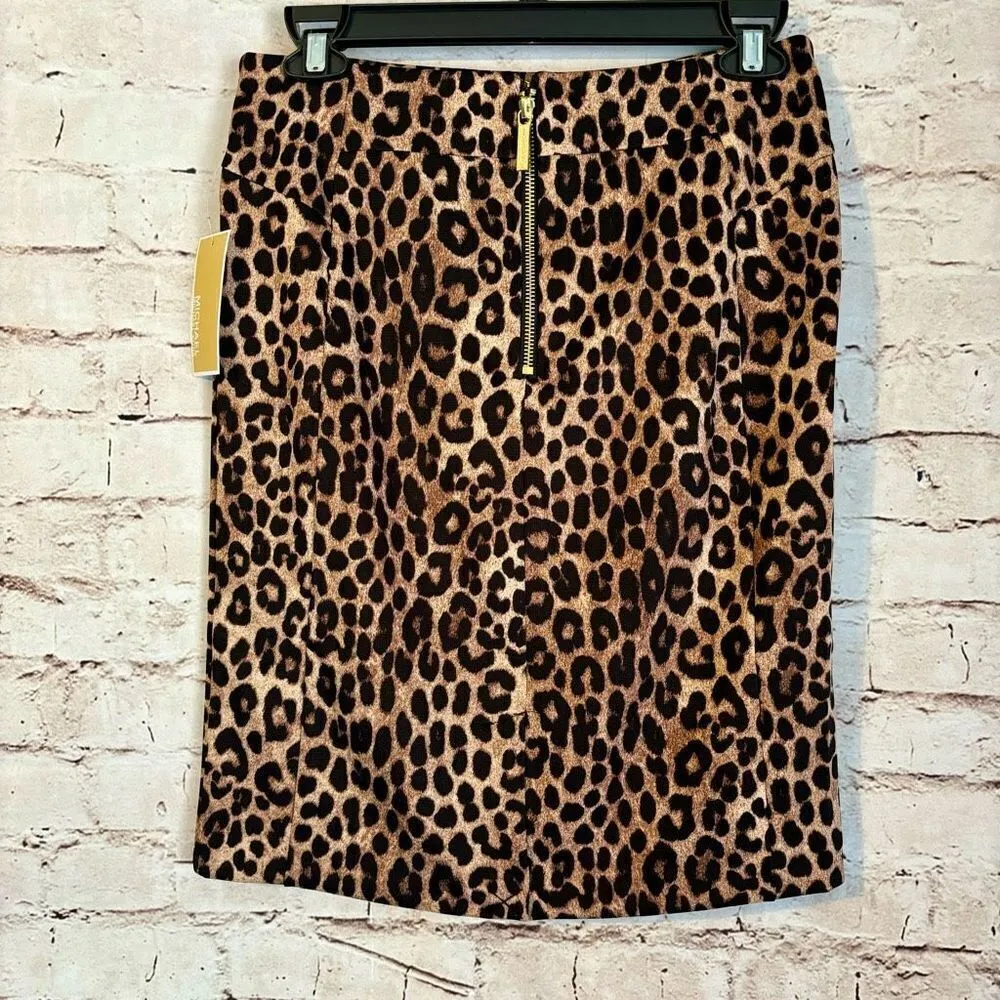 Michael Kors Cheetah Leopard Print Pencil Skirt Exposed Gold Zipper Dark Camel S - Image 3