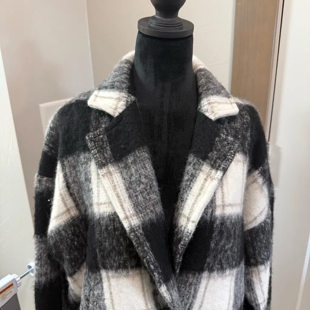 Karen Kane Plaid Fringe Jacket Black‎ White Front Button Notch Collar Winter S - Image 3