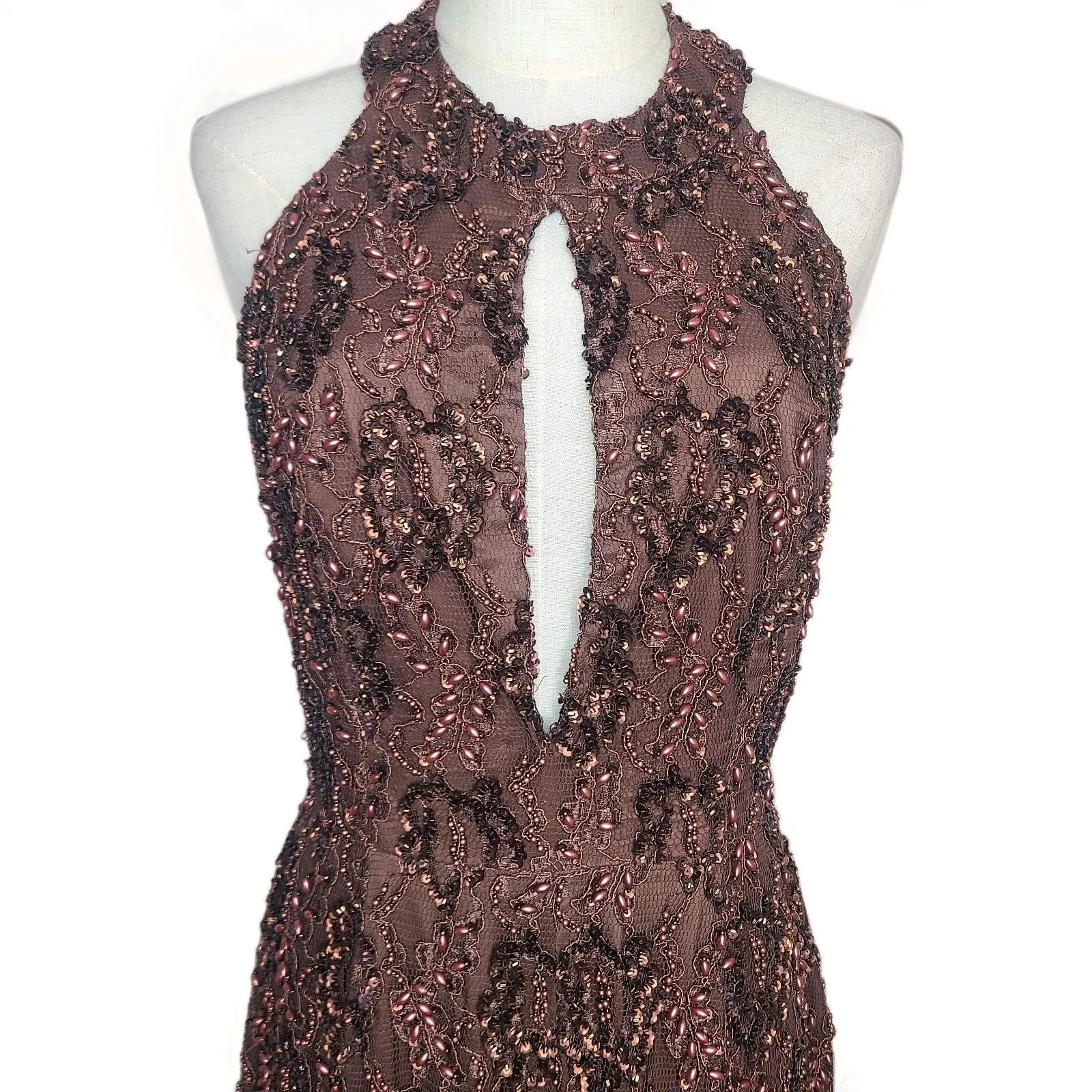 Vintage Bill Blass Evening Brown Beaded Sequin‎ Halter Jumpsuit Size 8 - Image 2
