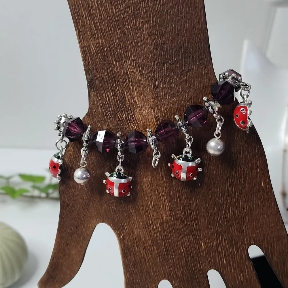 Purple Crystal Red Ladybug Stretch Bracelet - Image 4