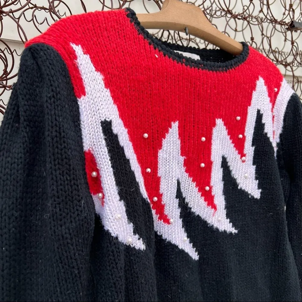 Vintage 90s Right Fashion red and white flame knit puff sleeve sweater Size M - Image 2