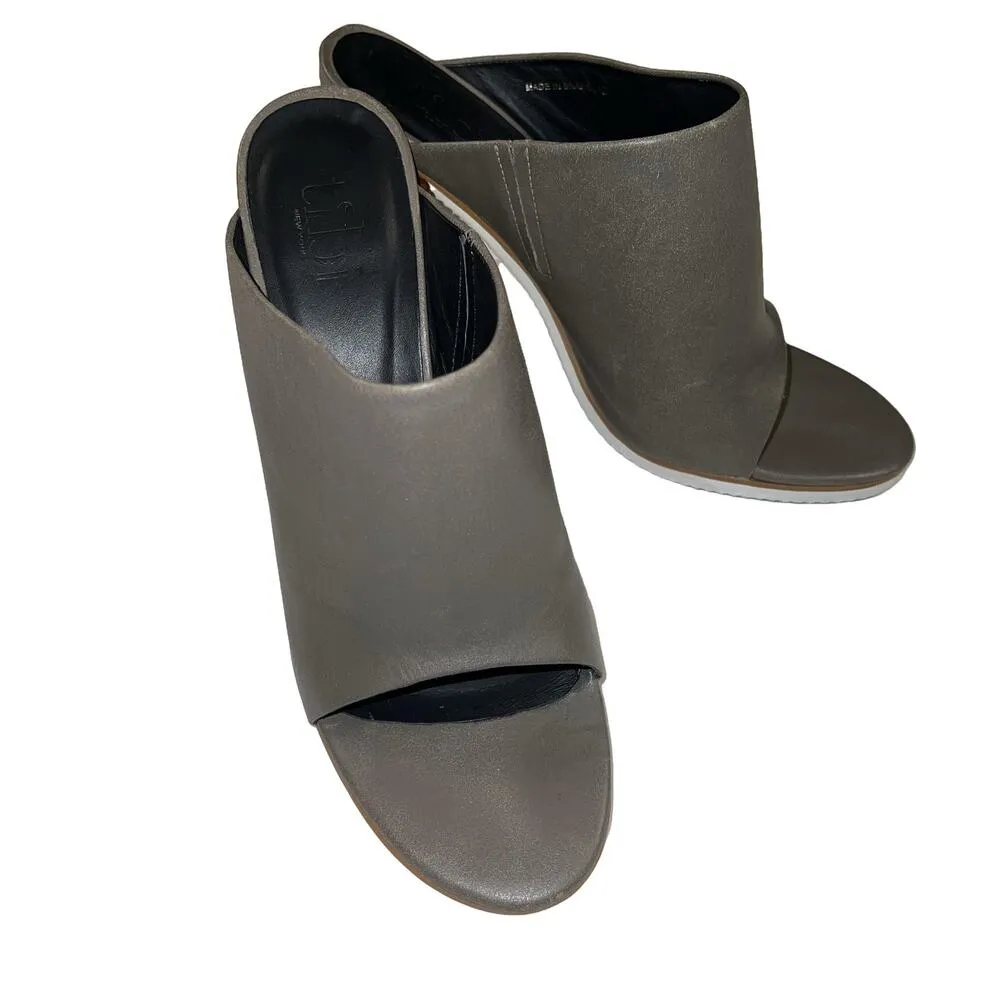 Tibi Bee Brazilian Leather Open Toe Mules Storm Gray Stacked Wood Heel Size 40 - Image 10