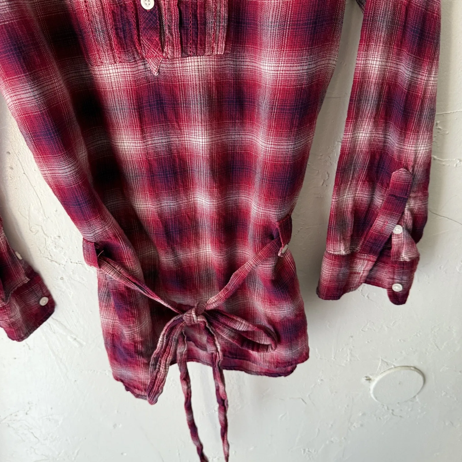 American‎ Eagle Y2k Shirt Small Red Plaid Tunic Tie Waist Babydoll Cotton - Image 3