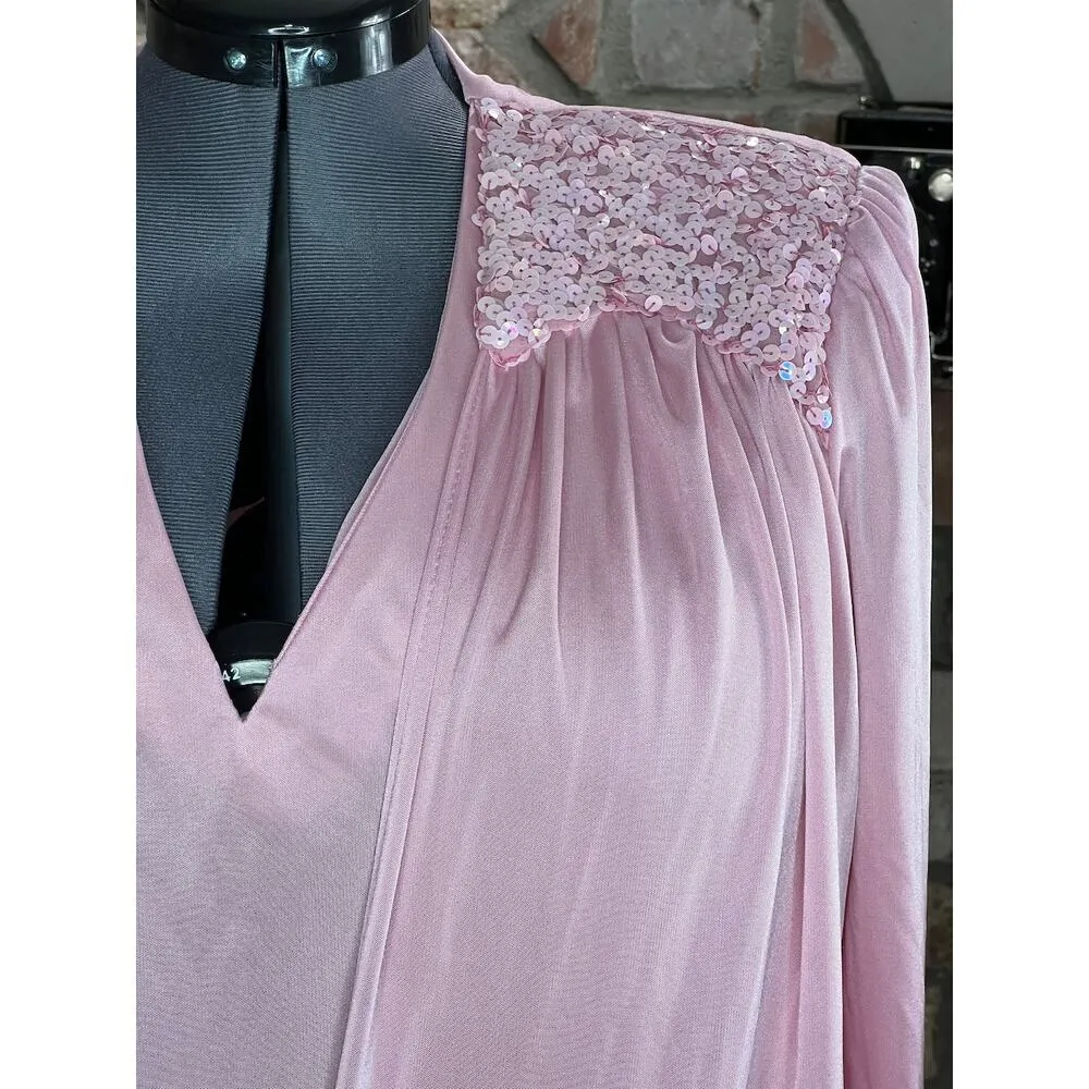 dress pink drop waist satin long sleeve shoulder pads barbiecore Size 14 - Image 3