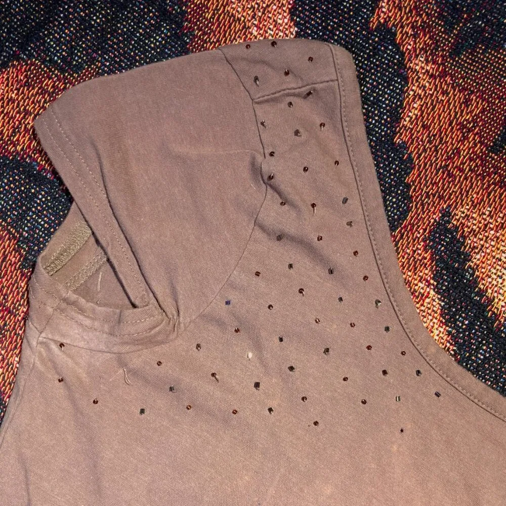 Vtg 90s Y2K baby doll graphic tee shirt tunic grunge beaded embroidered gold M - Image 3