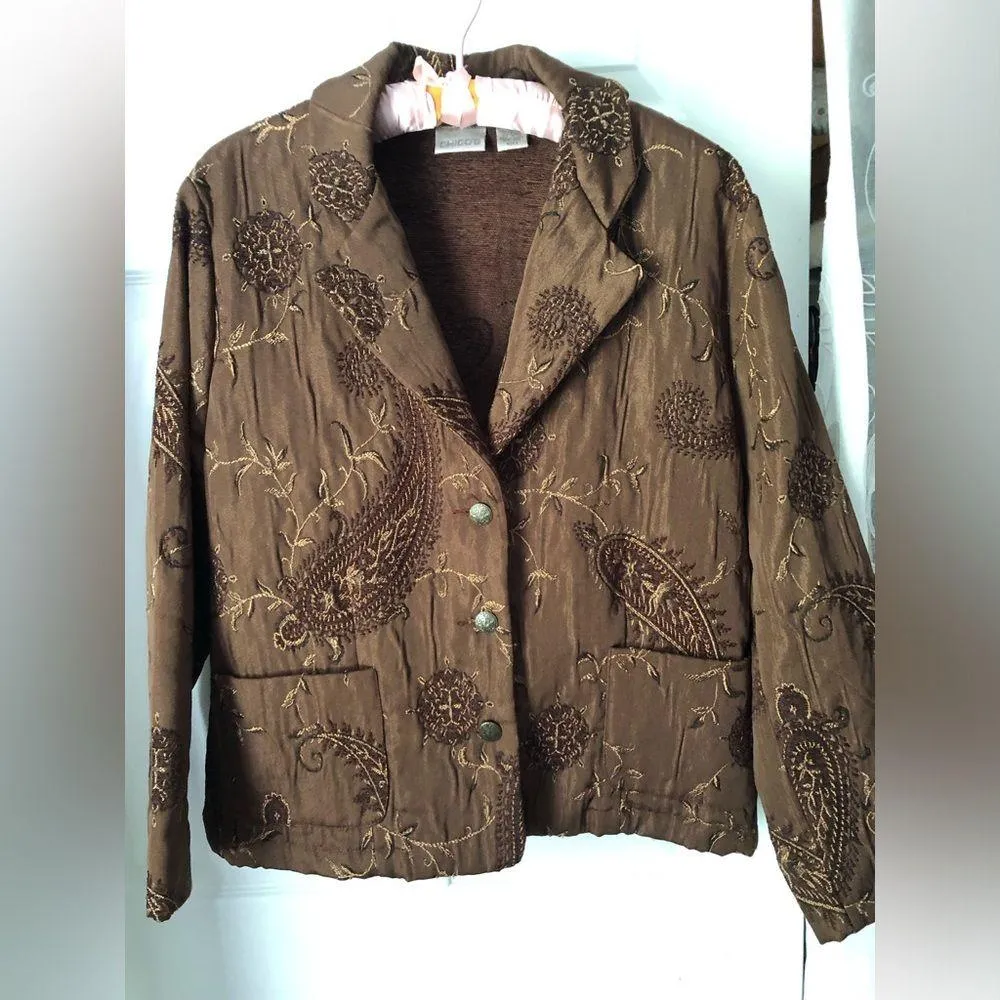 Chico’s Jacket Size 2 (L) Brown Embroidery Floral Paisley Button Front blazer - Image 4