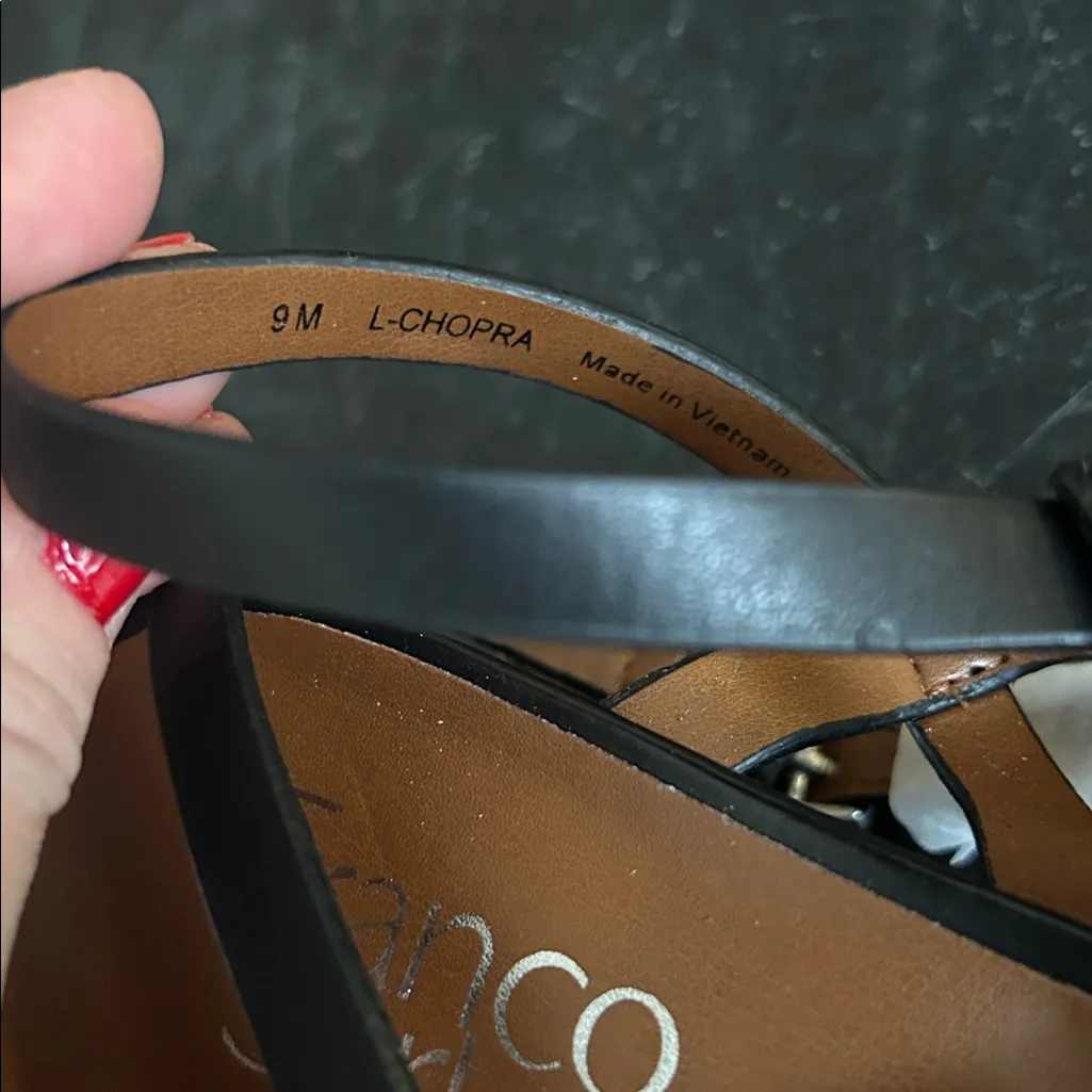 Franco Sarto Chopra T-Strap Square Toe Black Leather Wood Heel Sandal size 9 - Image 4