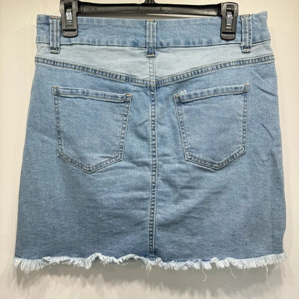 Patchwork Denim Y2K Frayed Fringe Raw Hem Mini Skirt No Boundaries NOBO Jeans - Image 2