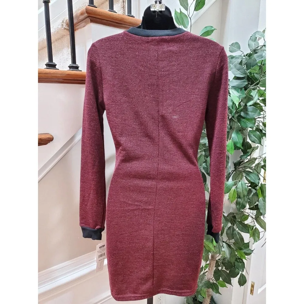 Three Pink Hearts Women's Maroon Round Neck Long Sleeve Knee Length Dress Size S - Image 9