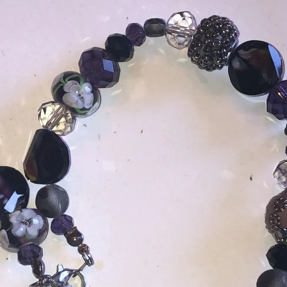 Dark Purple & Black Glass Millefiori Silver Tone Beads Beaded Boho Necklace - Image 5