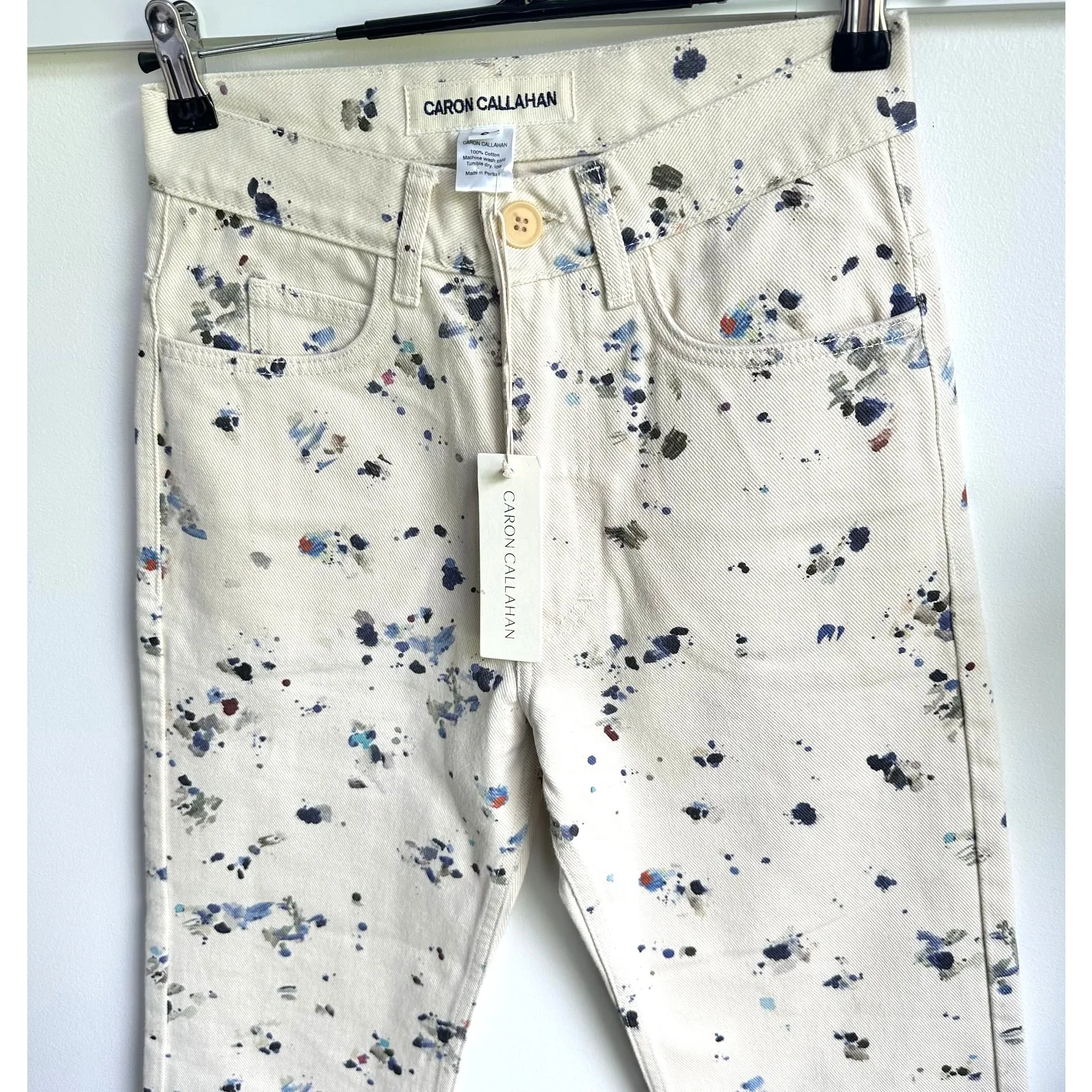 Caron Callahan NWT Stewart Khaki Painter Print Sz 0 Straight Wide Leg Jeans Pant Tan - Image 4